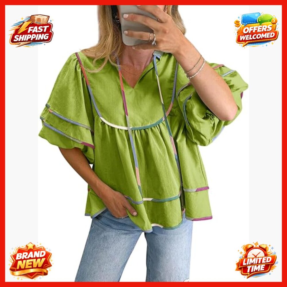 Women's Babydoll Top V-Neck Lantern Sleeve Peplum Blouse Loose Fit